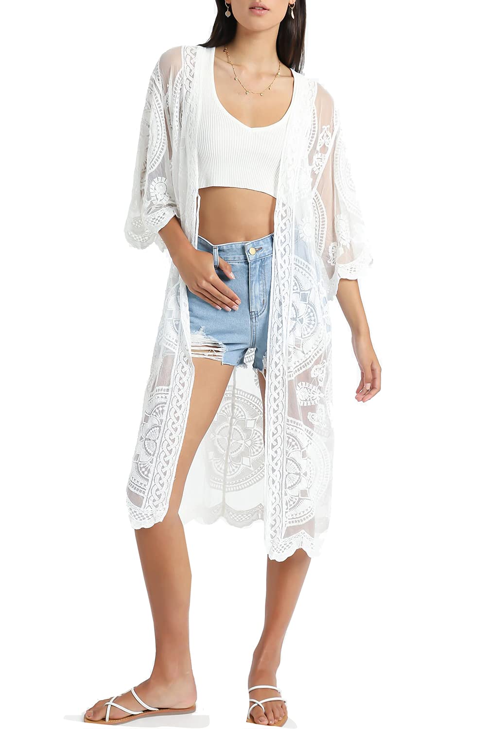 L-Peach Vestido Floral Encaje de Playa Kimono Sarong Pareo Cover ups para Mujer