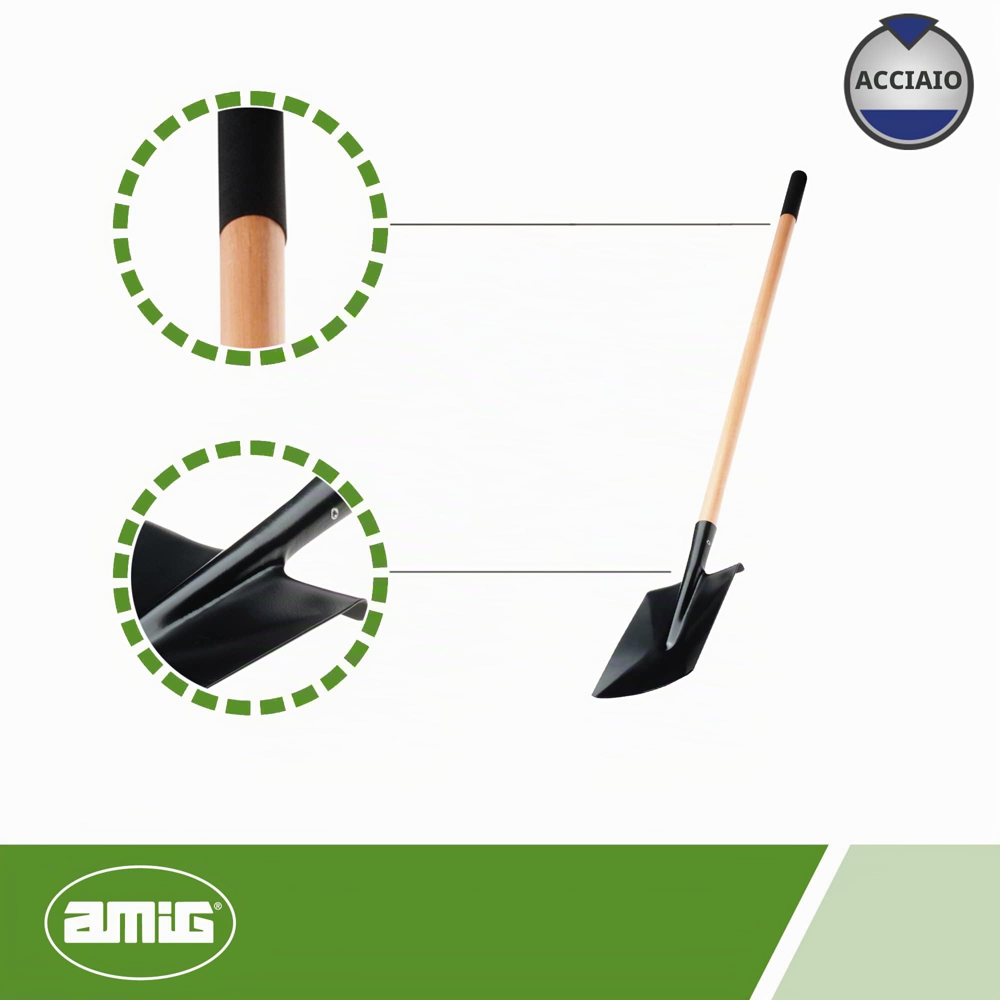 Amig - Pala Quadrata | Zappa da Giardino con con Lama in Acciaio e Manico Lungo in Legno | Attrezzi per Orto e Giardinaggio in Finitura Nera | Misure: 152 cm