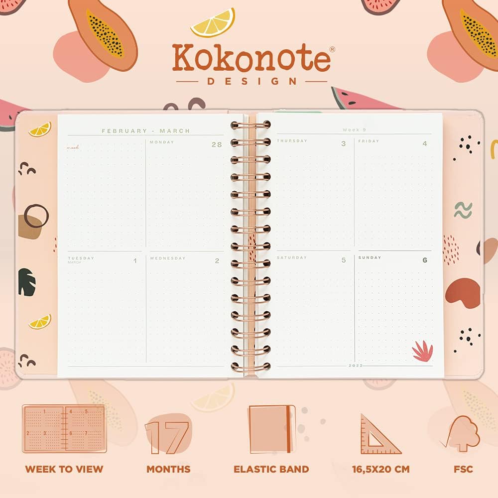 Kokonote Official Terracota Fruits A5 2022 Week To View Diary - 2022 Weekly Planner - A5 Planner With Stickers and Pocket - 2022 Diary - Image 3