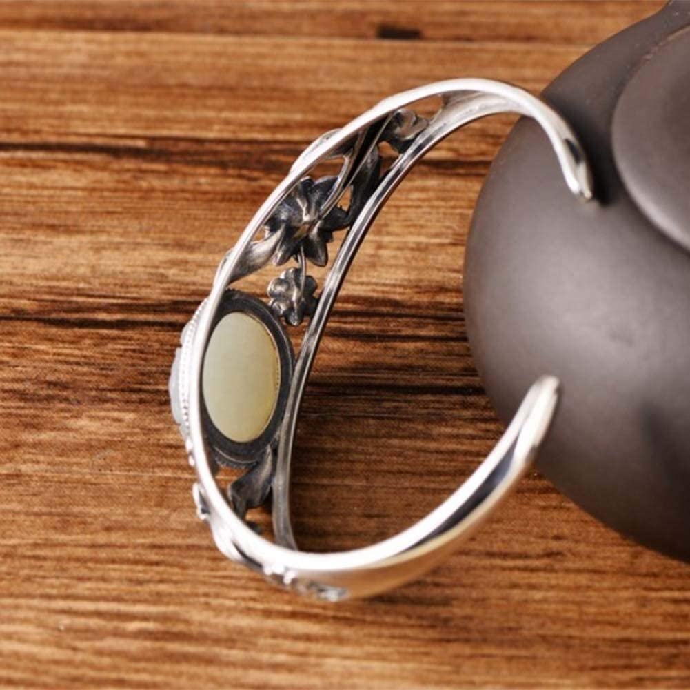 Bracciale Personalizzato ， Bracciale Rigido Aperto da Donna in Giada Bianca con intarsio Etnico Vintage in Argento Sterling 925