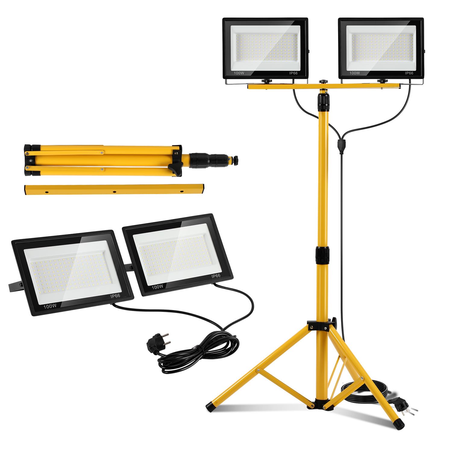 4x100W Baustrahler LED mit Stativ IP66 LED Baustrahler Höhenverstellbar & Drehbar Baustellenlampe mit 3m Kabel Stecker,Baulampe wartungsfrei für Baustelle,Werkstatt,Garten