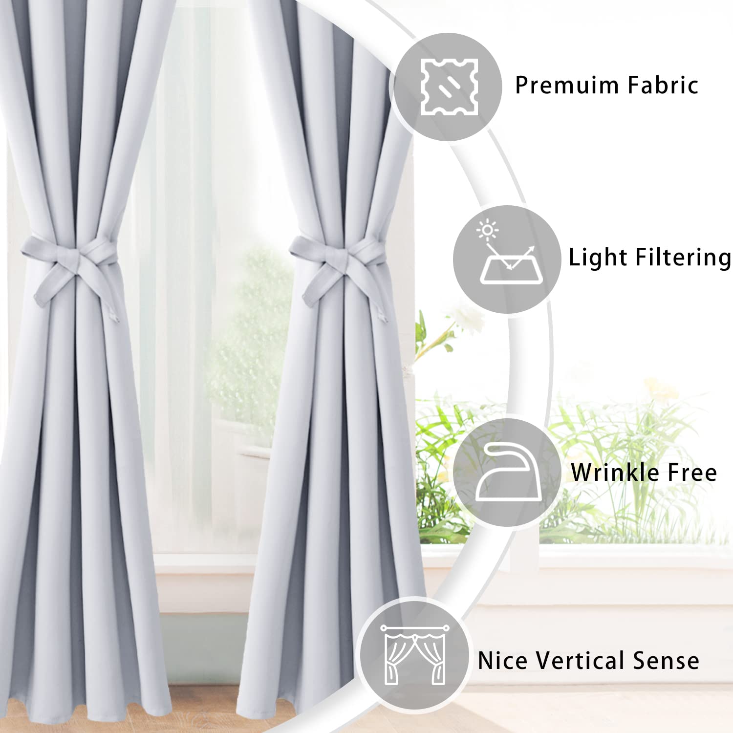 JIUZHEN Opaque Blackout Curtain with Curtain Ties Curtains Eyelet Curtain for Bedroom Living Room Grey White Pack of 2 215 x 132 cm (H x W) - Image 3