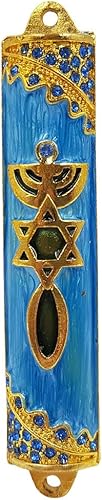 Miniatura 2 de messianic sello Mezuzah Case con desplazamiento para puerta azul esmalte & cristales mezuzá de Israel Judaica Regalo 8cm