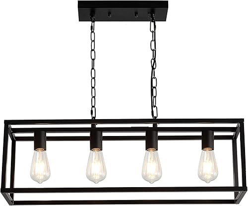 LIGOTFIRE Candelabros modernos, rectangulares, color negro, 4 luces, accesorios de iluminación colgantes, jaula de isla de cocina, colgante lineal,