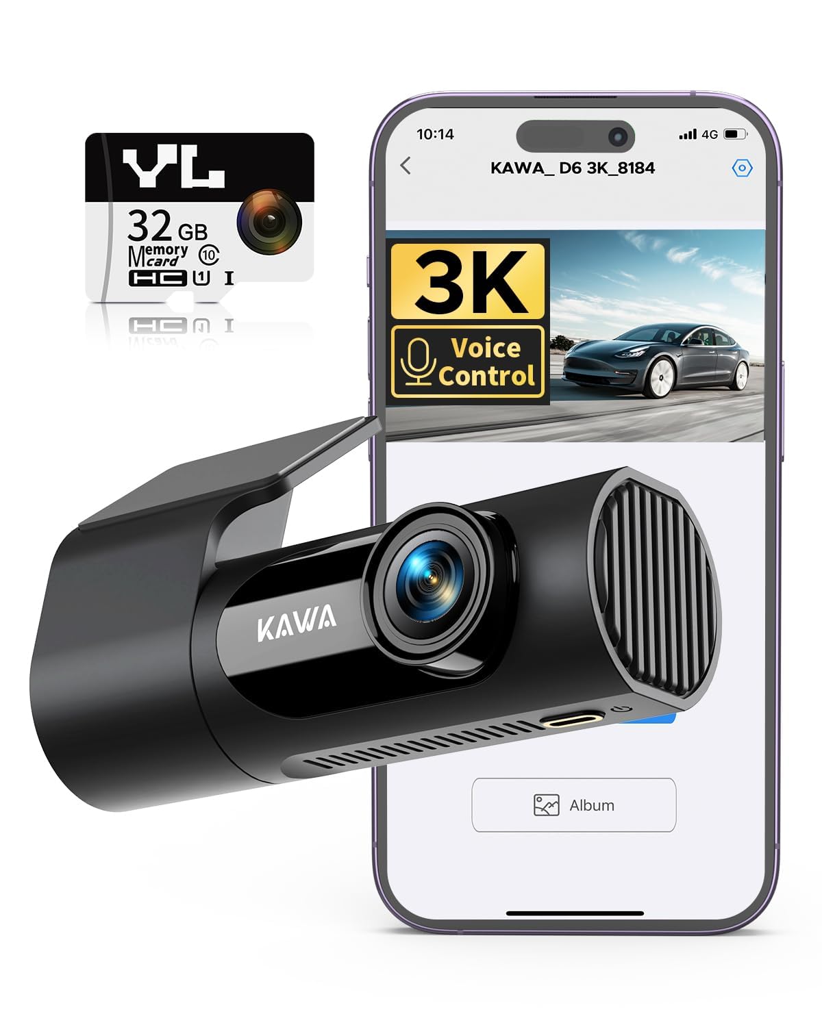 KAWA Dash CAM Coche 3K Frontal, con Tarjeta SD 32GB, Control por Voz, WiFi y App, Estacionamiento 24/7, Sensor G, Visión Nocturna, Grabación en Bucle, Dashcam Camara 360 para Camión y SUV
