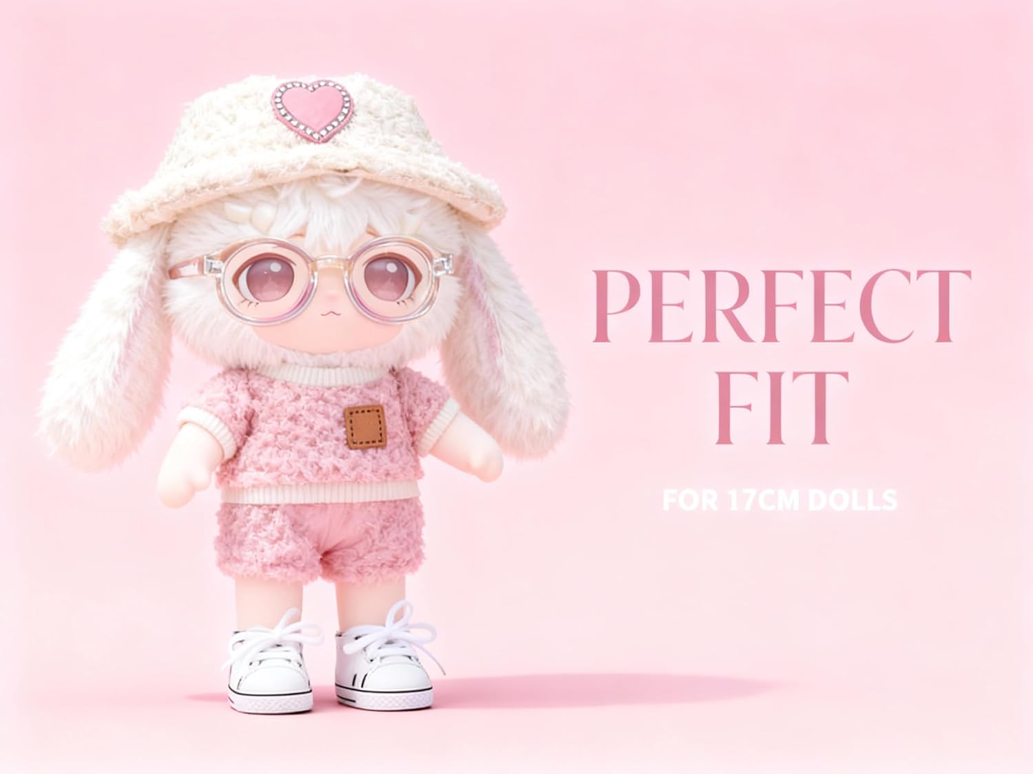 5-Piece Outfit Set for 17cm Plush Pendants - Fluffy Bucket Hat & Pink Top with Mini Camera, Glasses, Shoes - DIY Kawaii Accessories for 6.7" Vinyl-Face Monster Art Toys (Style B)