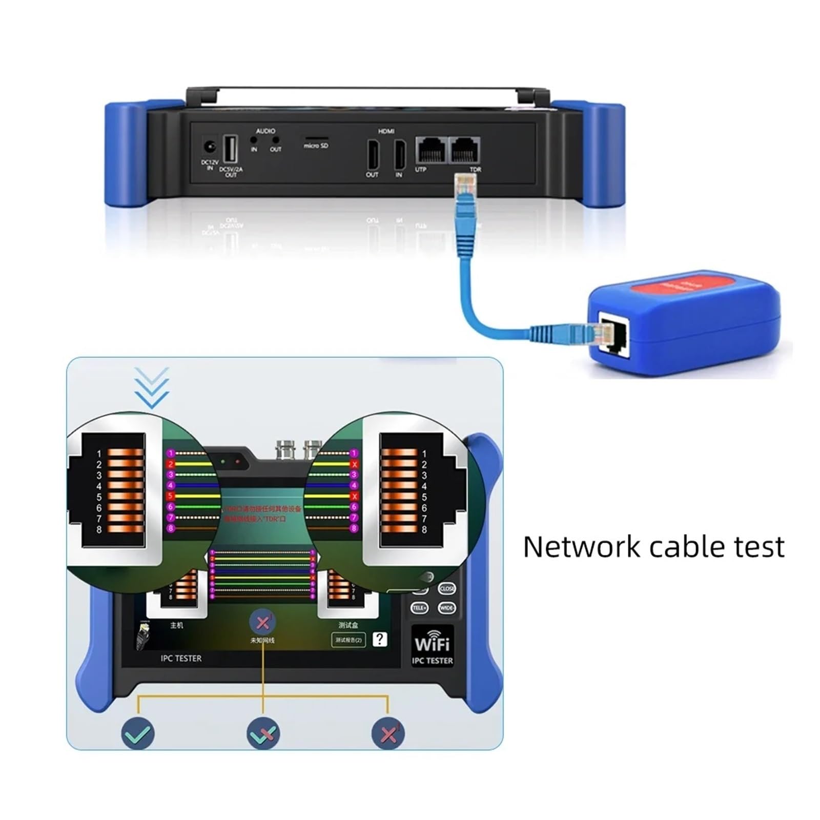Tester Portatile per Fotocamere, Tester for Telecamere CCTV 4K vor OTDR IP AHD CVI TVI SDI CVBS Tester for Telecamere CCTV IPC Test Monitor for Telecamera IP di Sicurezza in/out(TI-9360-ACTH)