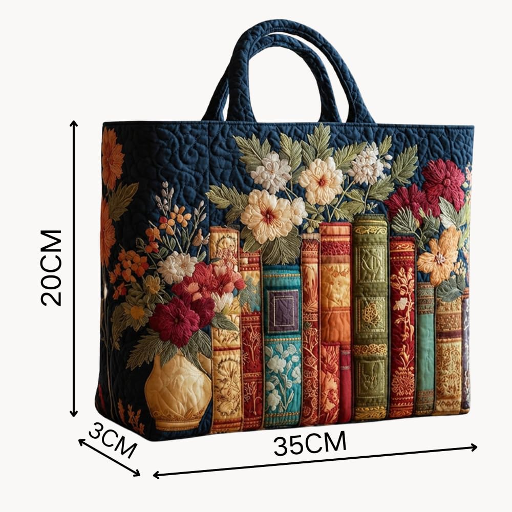 Générique Sac Cabas Matelassé, Sac Motif Livre, Épaule Vintage Provisions Matelassé Avec Motif Livre, Main Avec De Livre Floral, Bandoulière Vintage