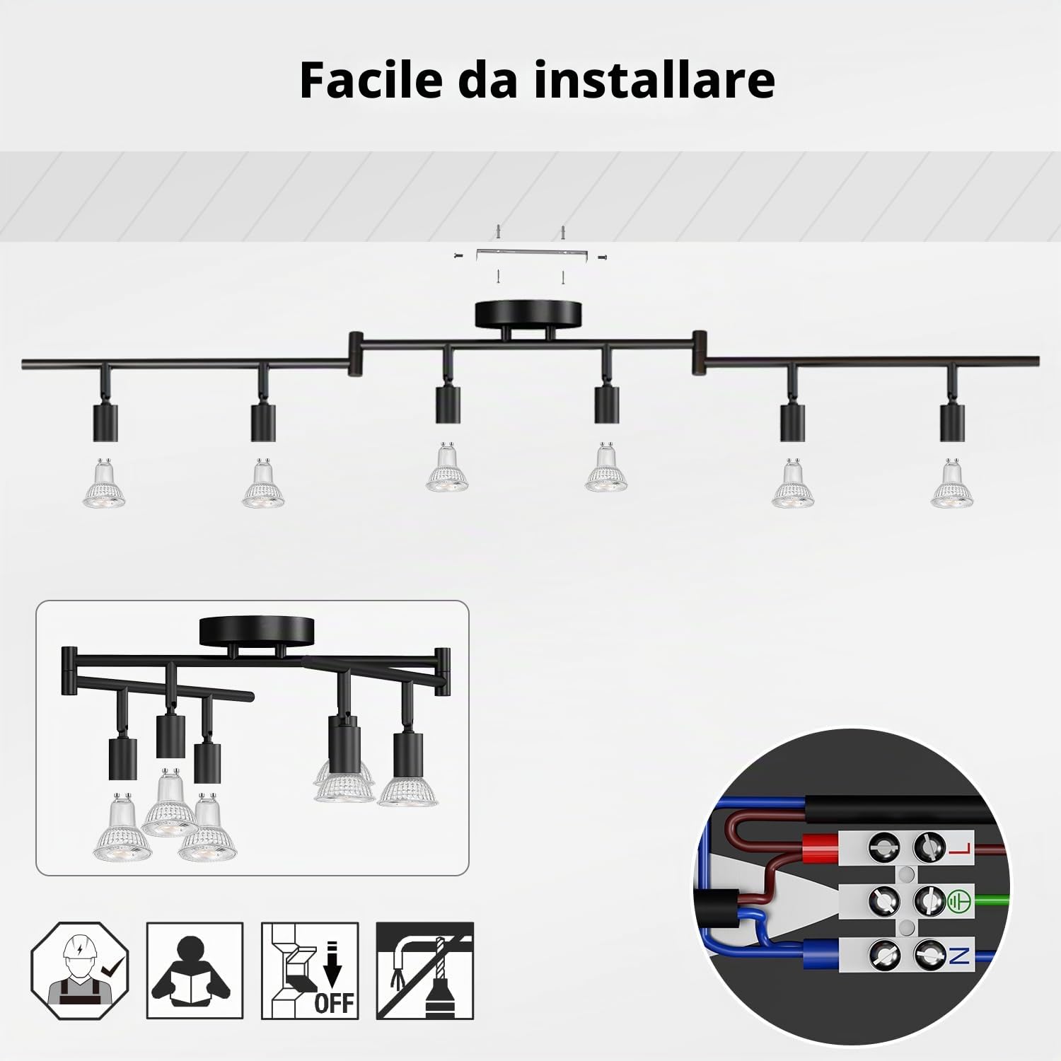 LVWIT Faretti LED da Soffitto Orientabili con 6 Luci GU10, Faretto da Interno Nero Moderna, Faretti Soffitto per Barra, Salotto,Cameretta, Cucina (Senza Lampadina)