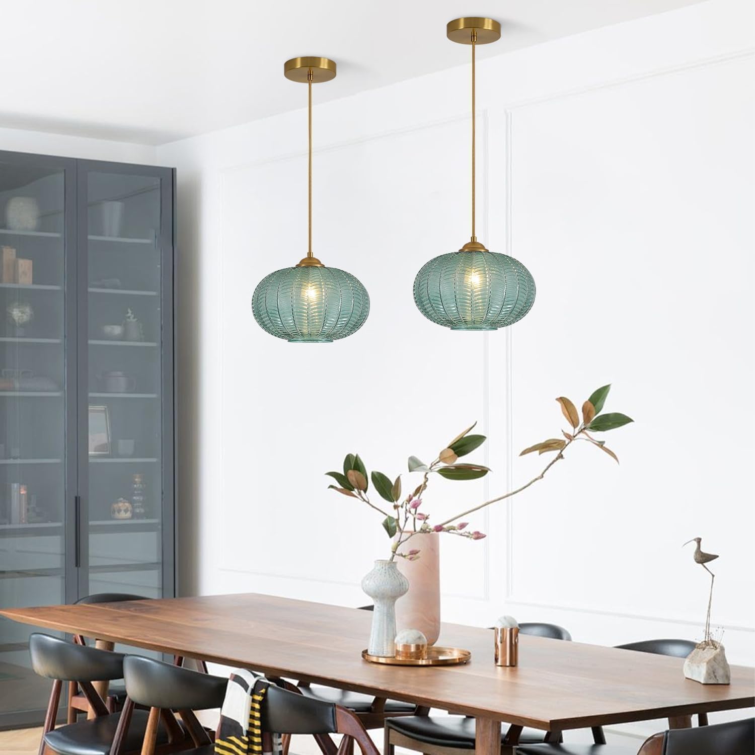 KCO Lighting Green Glass Chandelier Vintage Gold Pendant Light Large Green Ribbed Ceiling Light Antique Brass Hanging Light Mid Century Modern Pendant Lights Kitchen Island