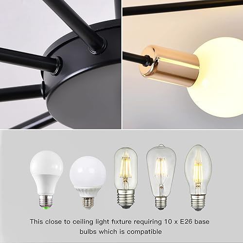 Miniatura 4 de Lámpara de techo moderna de montaje empotrado, arte de metal, 10 luces de techo industrial negro Sputnik con acabado pintado para cocina, granja,