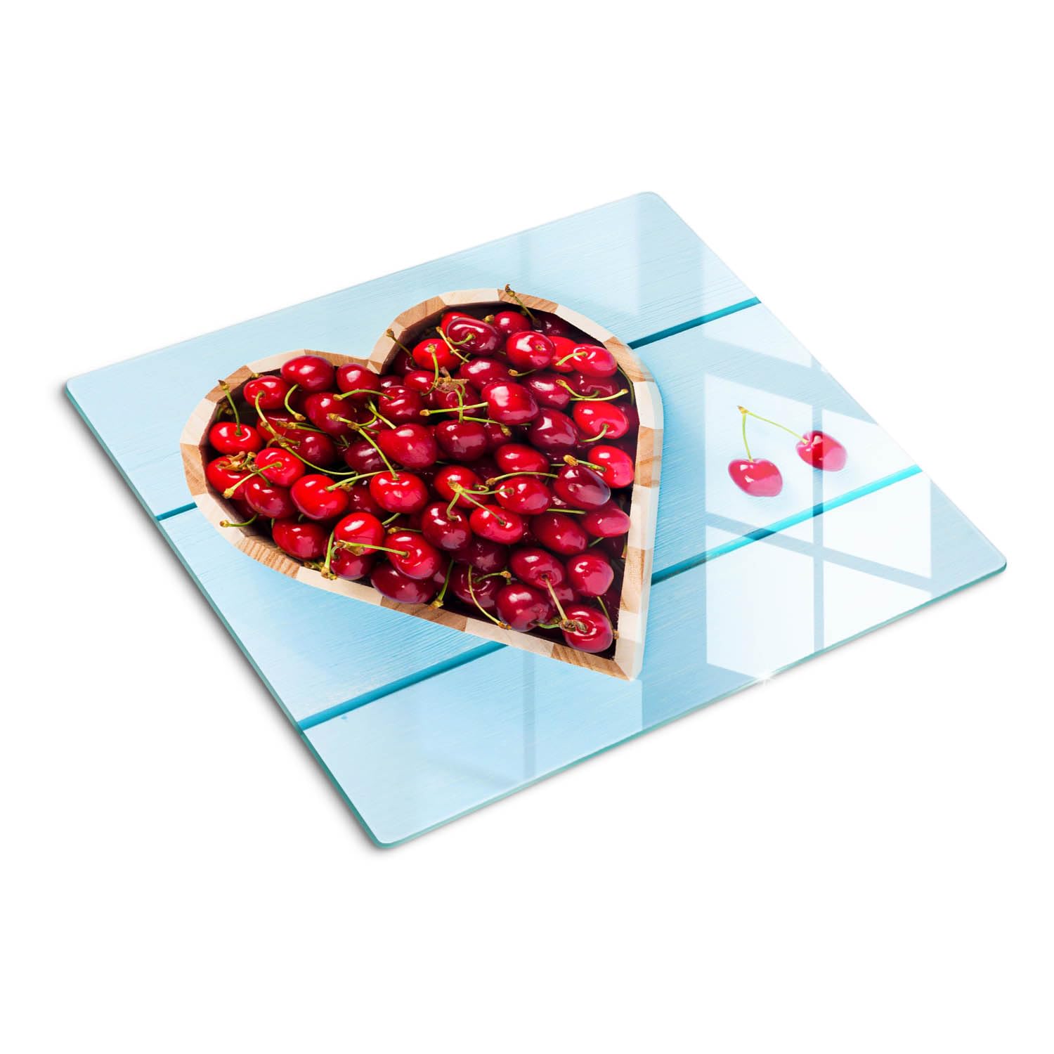 Tagliere in Vetro 60x52 cm con Stampe da Cucina Durevole e Igienico Rettangolare Resistente al Calore con Piedini Antiscivolo Antigraffio Facile da Pulire - Cuore di ciliegie