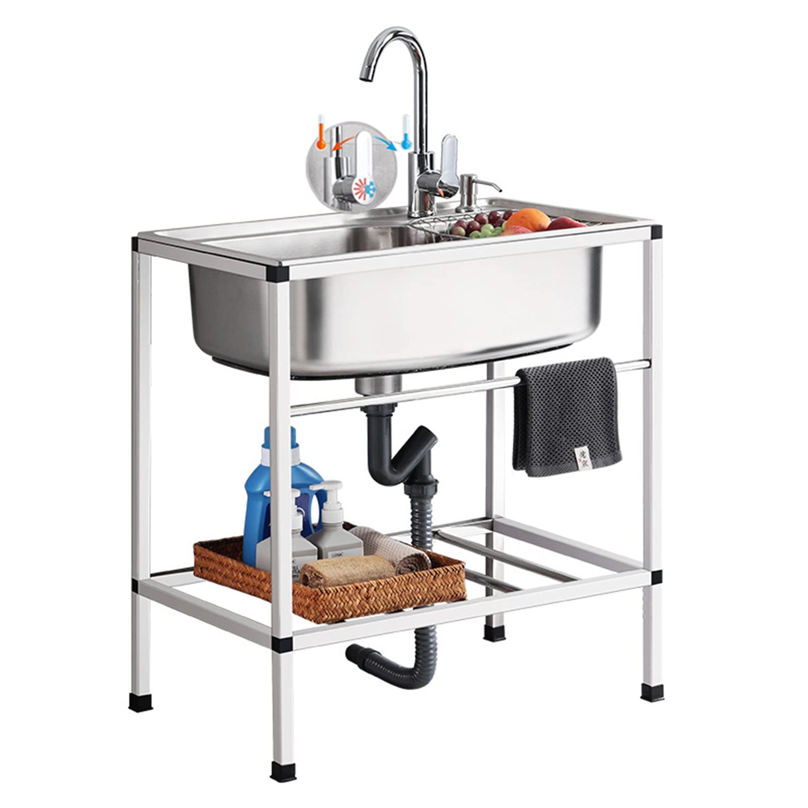 WIQUYBML Stainless Steel Utility Sink Free Standing Single Bowl Commercial Restaurant Kitchen w/Storage Shelve Laundry Tub for Indoor Outdoor Garage Backyard 28x18.5x29.5inch