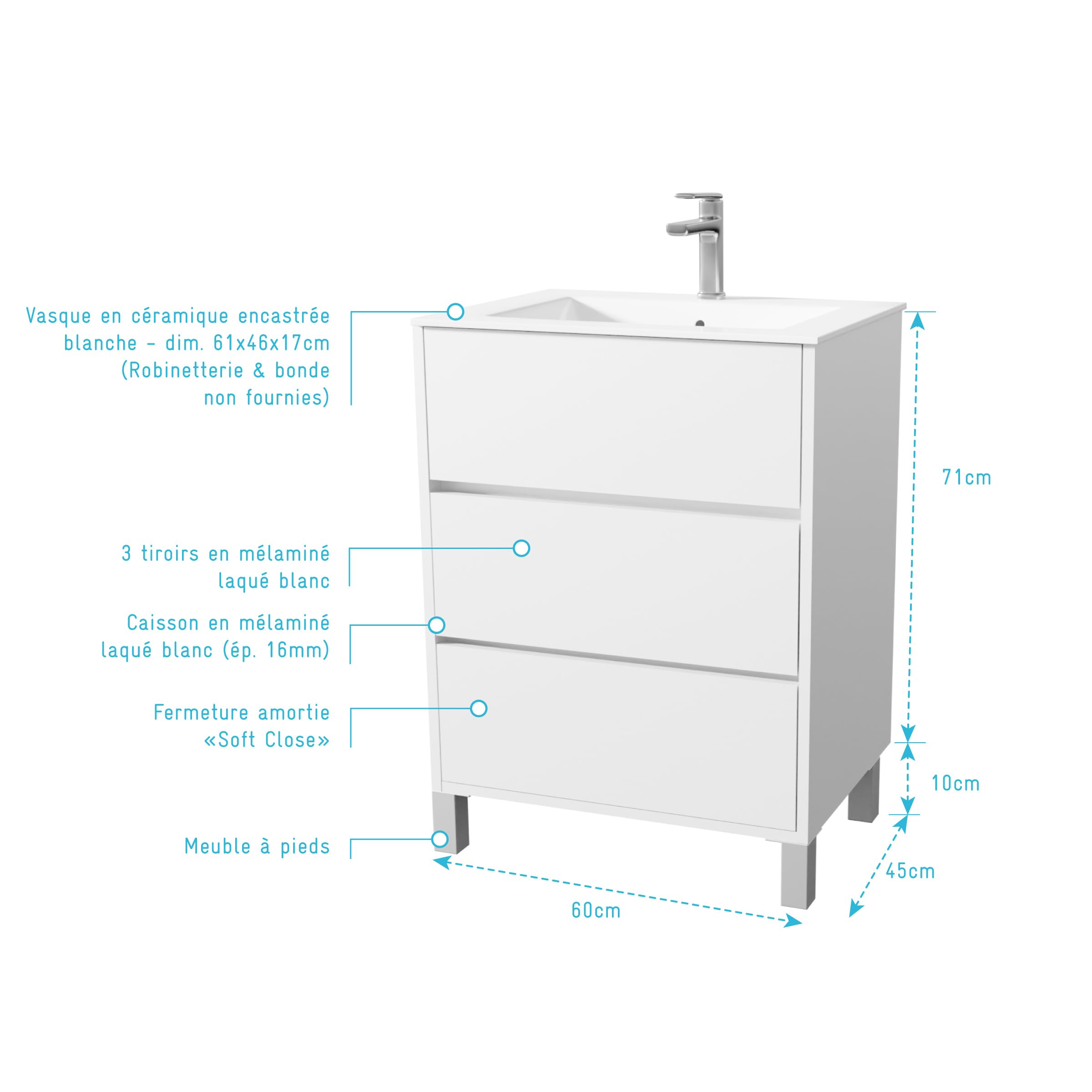 AURLANE Pack Meuble Salle de Bains 60 cm Laqué Blanc, 3 tiroirs avec Vasque Céramique - Xenos