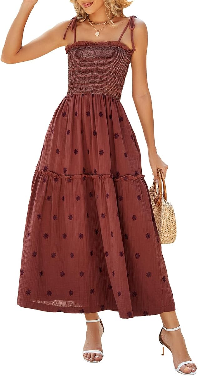 ABYOVRT Women Floral Embroidered Maxi Dress Sleeveless Tie Shoulder Smocked Flowy Dress Boho Summer Sundresses with Pockets