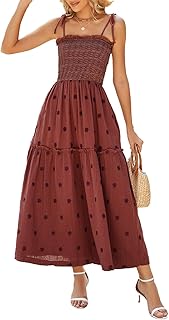 Women Floral Embroidered Maxi Dress Sleeveless Tie Shoulder Smocked Flowy Dress Boho Summer Sundresses with Pockets