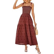 ABYOVRT Women Floral Embroidered Maxi Dress Sleeveless Tie Shoulder Smocked Flowy Dress Boho Summer Sundresses with Pockets