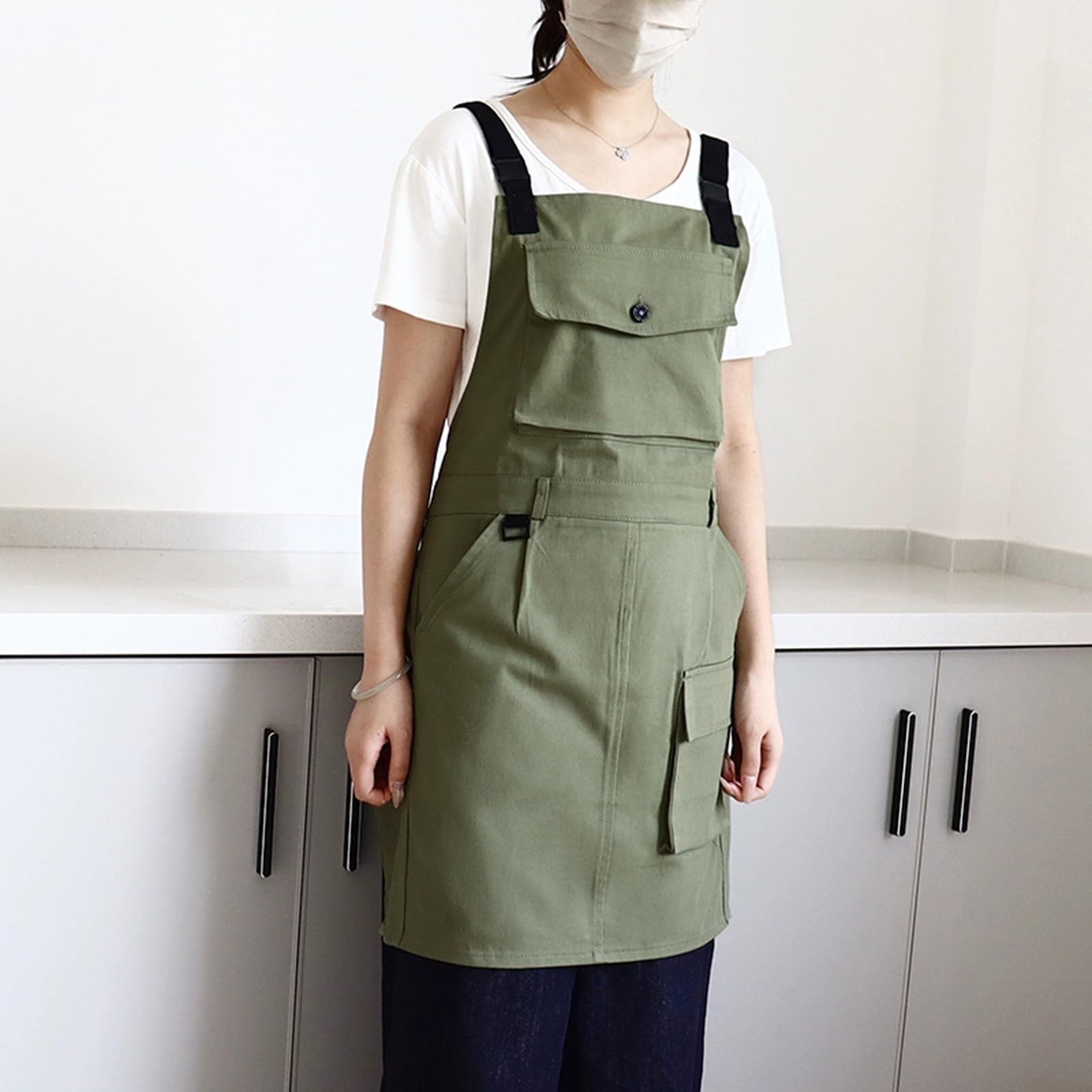 Tablier De Cuisine Réglable Chef Tablier en Coton avec Poches Tabliers De Travail pour Femmes Hommes Green,One Size