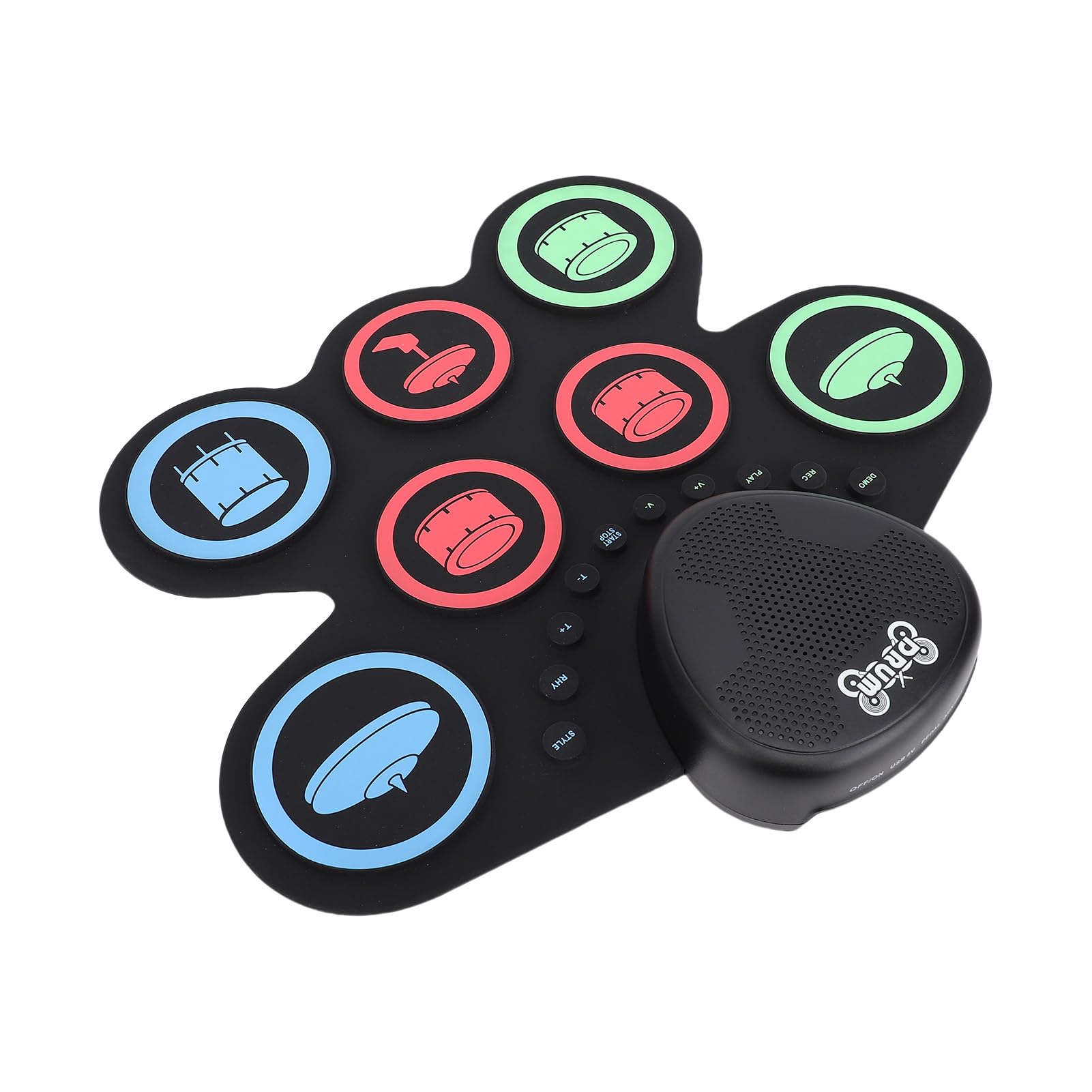 Batería Electrónica con Doble Altavoz, Pad Enrollable, 7 Pads, Kit de Práctica, Recargable, Baquetas, Pedal, para Principiantes, 37,1 X 34,5 cm.