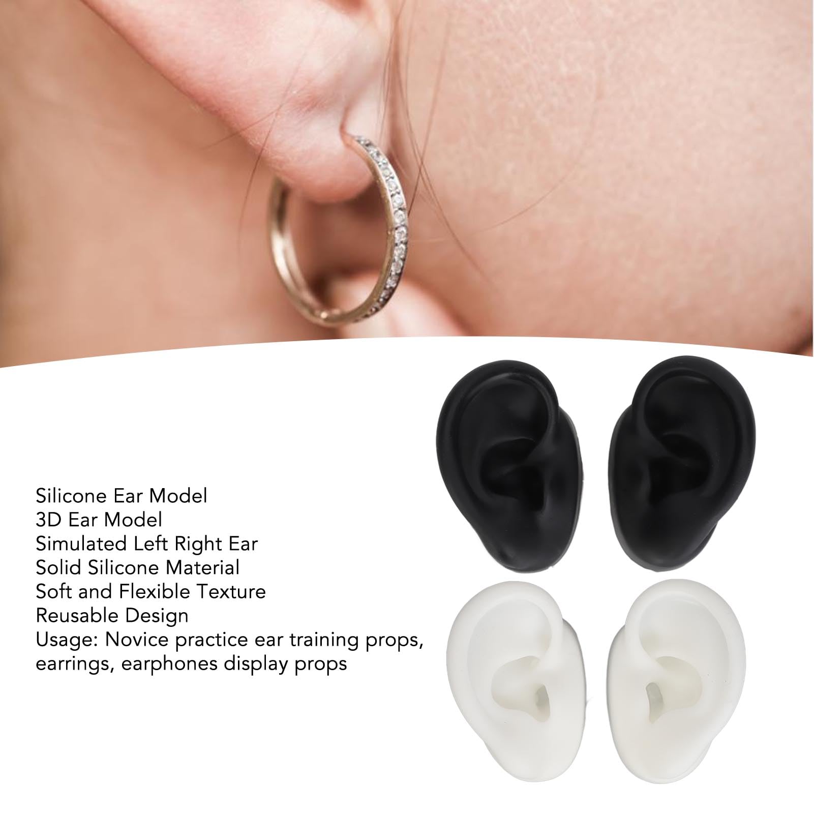 2 paia di modelli di orecchie in silicone, pratica di piercing all'orecchio finto destro e sinistro, parti del corpo in silicone per lo strumento di (bianco e nero)