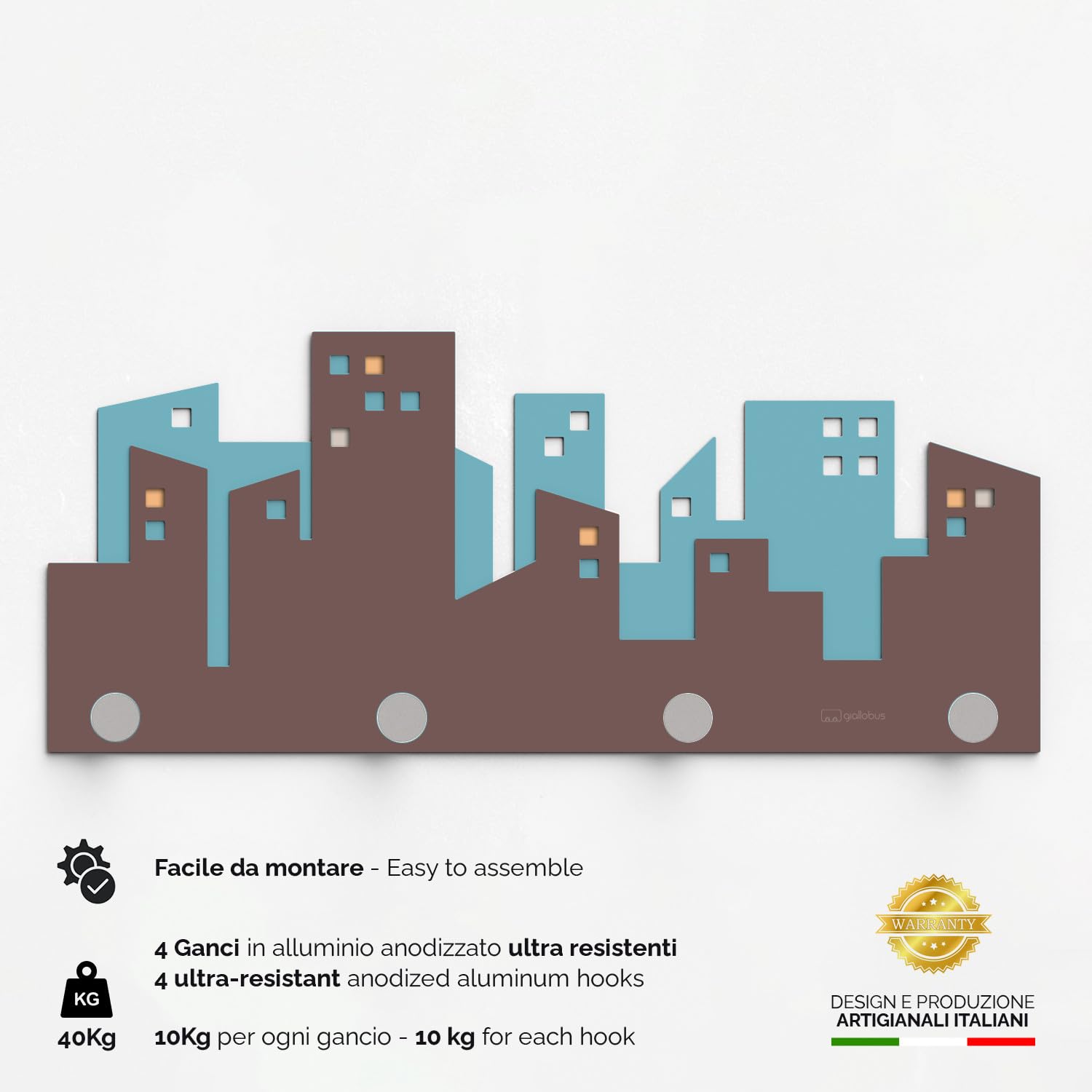 Giallobus - Appendiabiti da parete 4Me - 13 - Skyline Palace - Legno Mdf + Alluminio - 60L x 25l cm - 03 - M - Attaccapanni da Muro con 4 Ganci in Alluminio e Legno