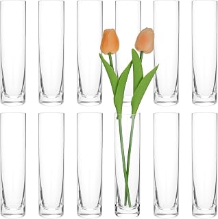 Glass Cylinder Bud Vases for Centerpieces, Set of 12 Clear Small vases,Handmade Slim Flower Wedding Table Decor for Single Rose Bulk, Home Aesthetic Desk Decor, Party Decorations,7.5"