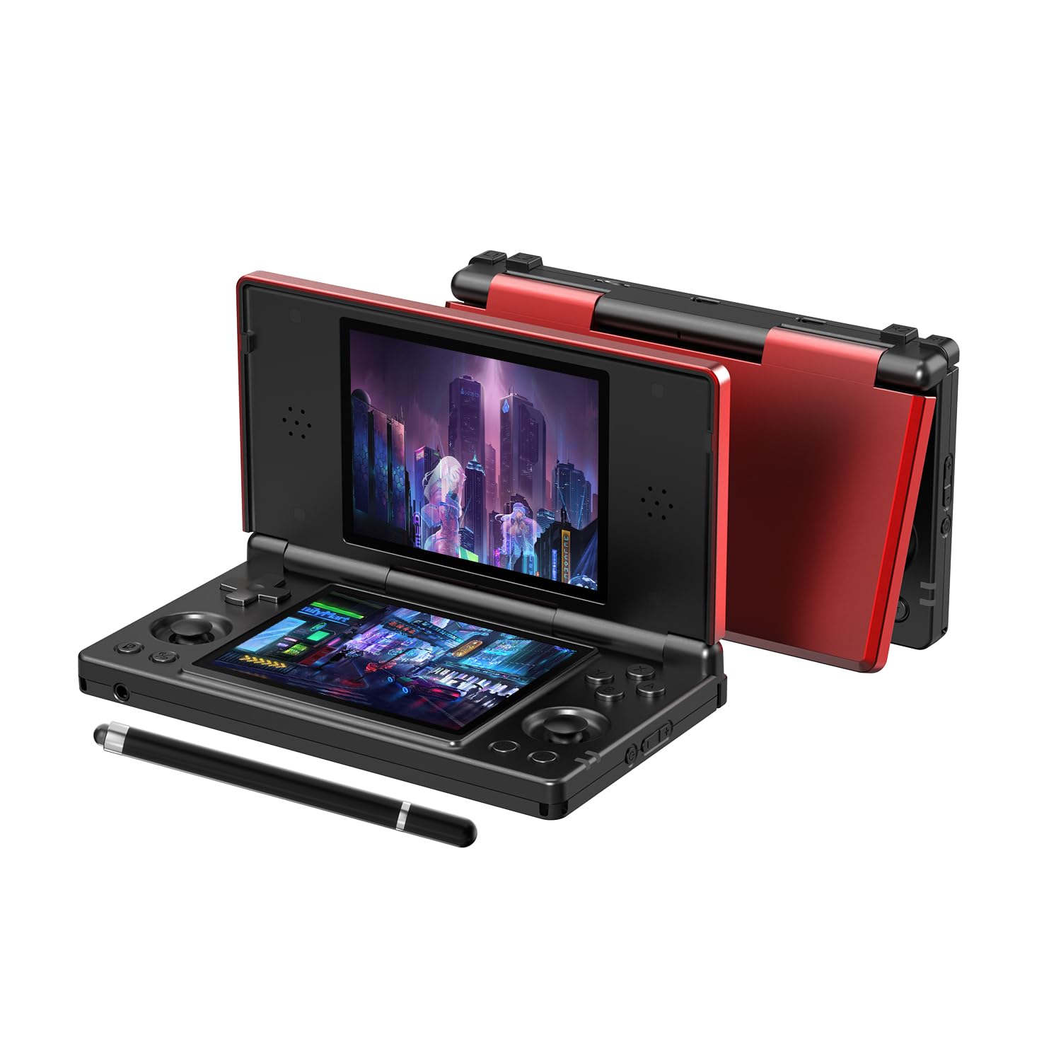 RG DS Retro Handheld Spielkonsole, 4" IPS-Klappdisplay Zwei Bildschirmen Android 14 System Videospielkonsole mit Hall Switch & Stiftbedienung, Geschenk für Gaming Fans (RG DS-Rot-Schwarz-Neu)