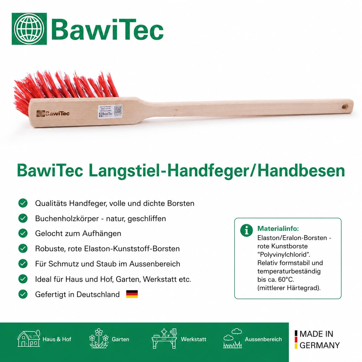 Langstiel Handfeger 60cm Lang rote Kunststoff Borsten Handbesen Holzgriff | Buchenholz-Körper, Robuste Elaston-Kunststoffborsten, 600mm Lang, Gelocht zum Aufhängen