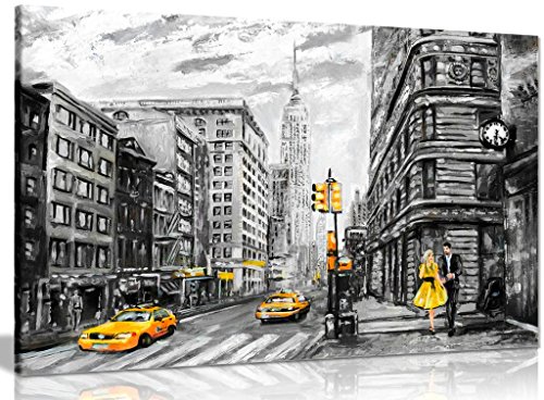 Lienzo de pintura al óleo de Nueva York, color negro, blanco y amarillo (24 x 16 pulgadas)