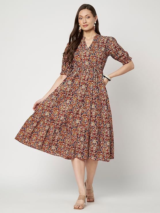 Image of PIDAVLIYA'S Women's Cotton Floral Printed Midi Dress | V-Neck Fit & Flare Dress with Puff Sleeves | Casual Summer Wear
