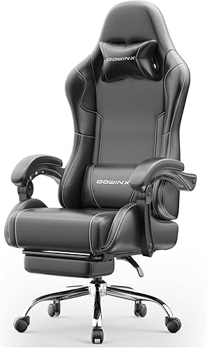 Miniatura 10 de Dowinx Silla ergonómica para juegos con reposapiés, silla de oficina resistente de 330 libras, soporte lumbar de masaje, altura ajustable y almohada