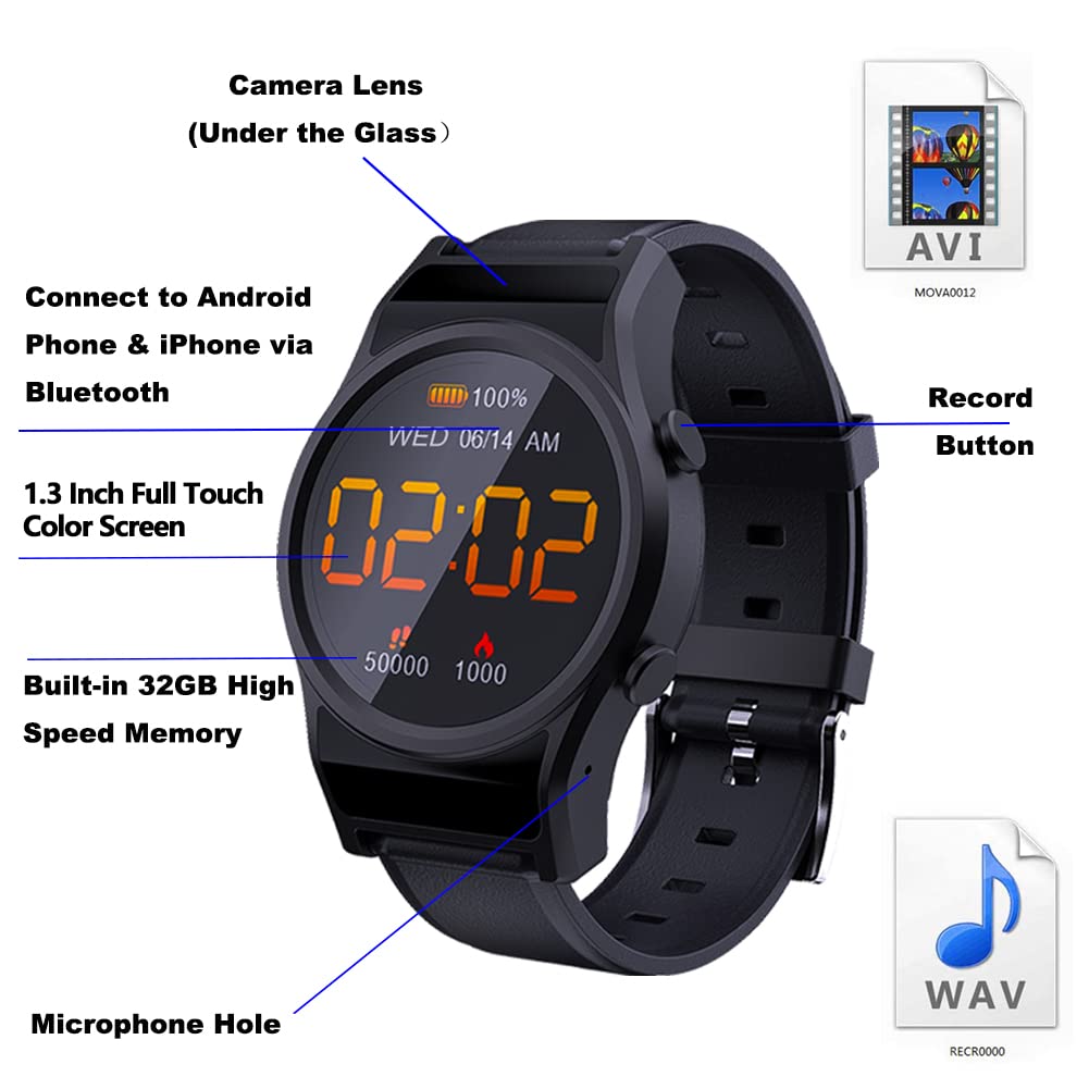 Smartwatch Mini Kamera, Versteckte Kamera Fitnessuhr | Wasserdicht Sportuhr mit 1080P Tragbare Cam Gear, Video Audio Recorder, Überwachungskameras für Android iOS Outdoor