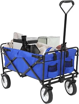 Collapsible Wagon Garden Cart Grocery Foldable Wagon Carts with Wheels & Drink Holders Utility Cart Wagon for Beach Picnic Shopping,Blue