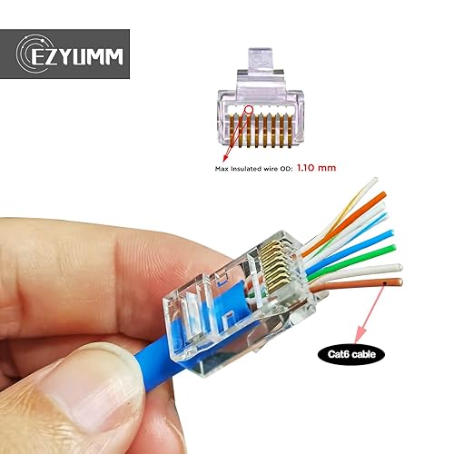 Miniatura 3 de EZYUMM Conectores RJ45, 100 piezas Cat6 RJ45 de paso a través de conectores, extremos Ethernet Cat 6 chapados en oro premium 8P8C, enchufe modular