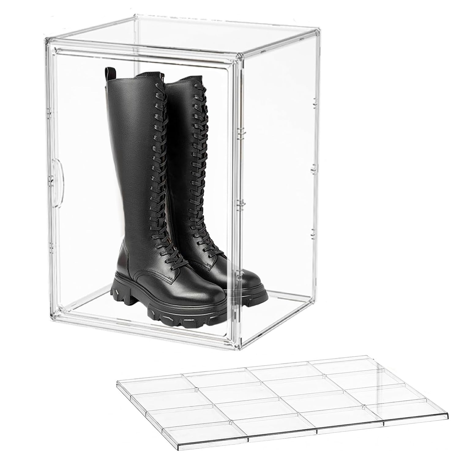 Angju Shoe Storage Box,Large Clear Stackable Plastic Storage Bins,Boot Shoe Box Organizers with an Adjustable Divider, Big Display Storage Box with Lids, Dustproof Protection Showcase