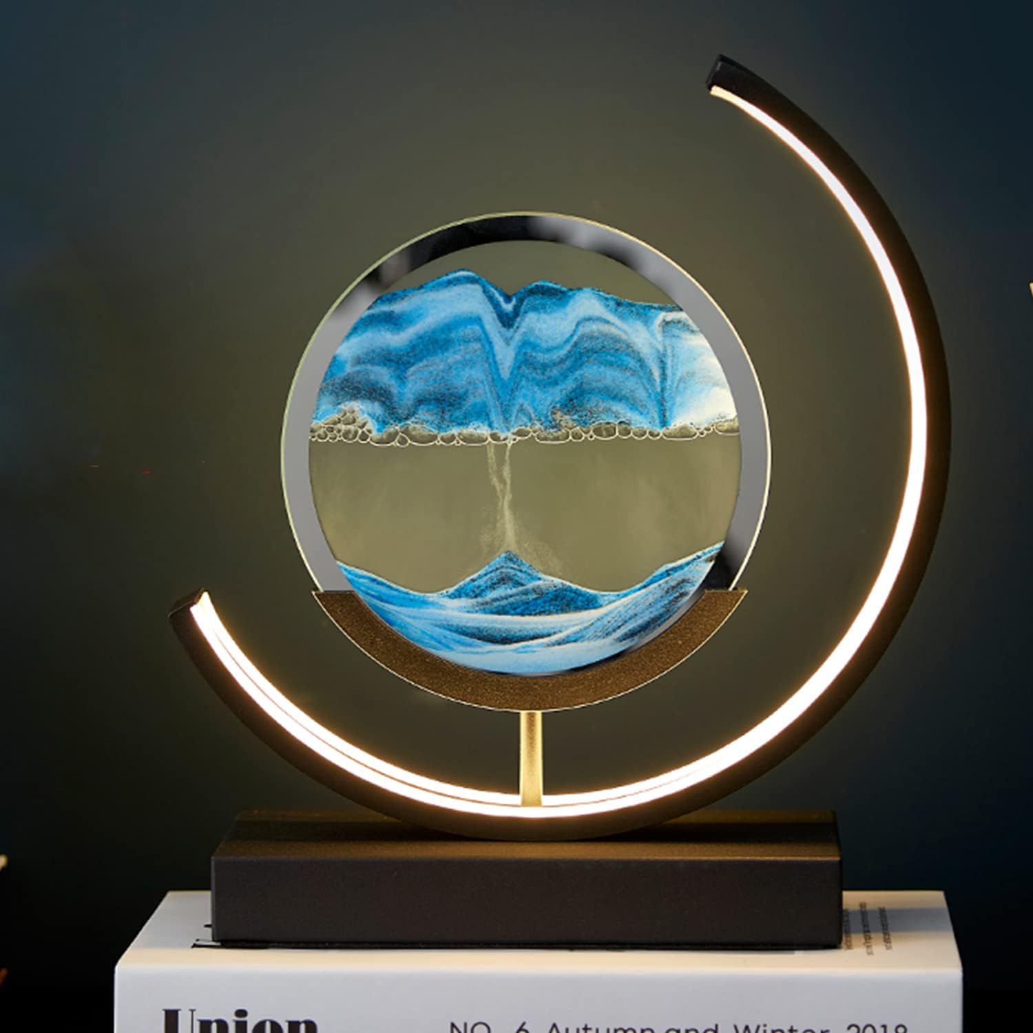 Moving Sand Art Table Lamp - 3D Round Picture With 3 Colors and Stand - Relaxing Desktop Home Office Decor