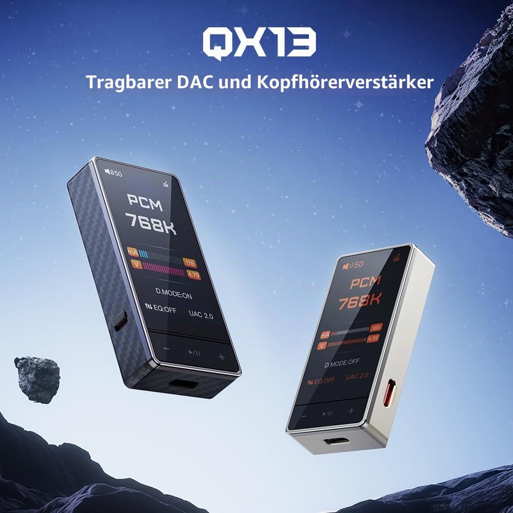 FiiO QX13 tragbarer DAC-Verstärker, ES9027PRO 8-Ch DAC, 900 mW × 2, XMOS 16-Core, 10-Band EQ, Kohlefaser-Körper, Farbdisplay (schwarz)