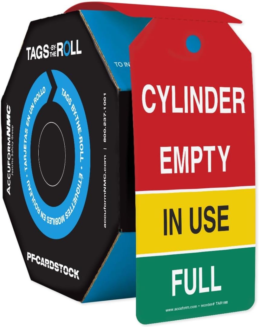 AccuformNMC 250 Perforated Cylinder Tags by-The-Roll, Cylinder Empty - in Use - Full, US Made OSHA Compliant Tags, Waterproof PF-Cardstock, Resists Tears, 6.25"x3", TAR166