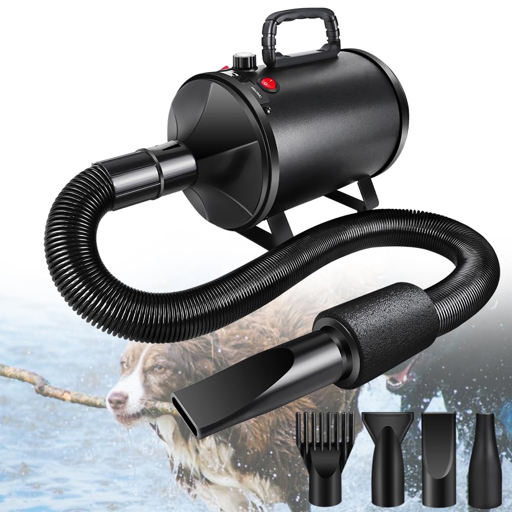 Fön für Haustiere - 3500W Hundefön Blower - Haartrockner Sehr Leise - Pet Dryer Grooming für Fell Pflege - Hundepflege-Trockner-Gebläse mit 4 Düsen - Einstellbarer Geschwindigkeit und Wärm