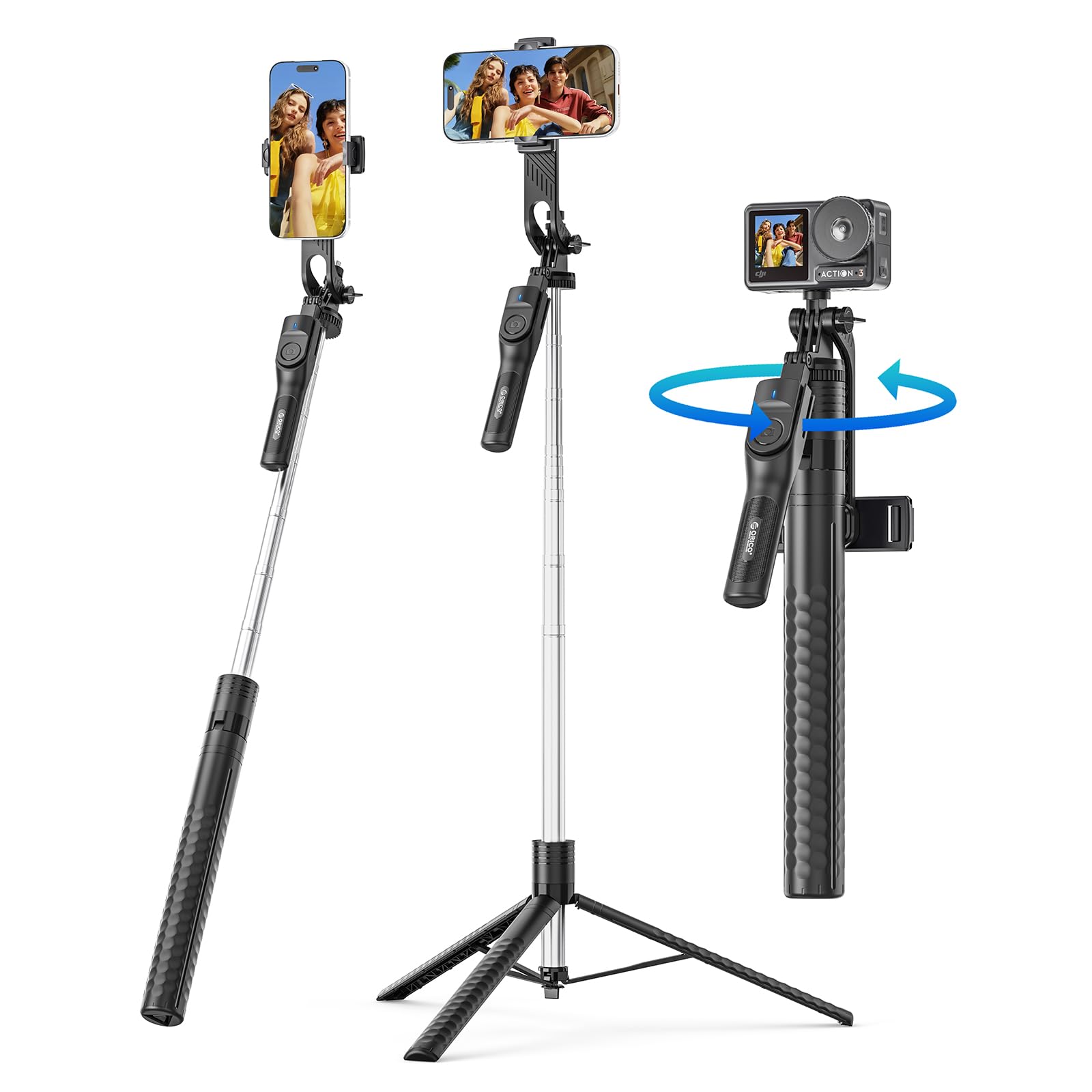 ORICO 190cm Trépied pour Smartphone, Perche a Selfie, Support Téléphone Rotatif avec Télécommande, pour Les Selfies de Groupe et Les Prises de Vue Plongeantes, Compatible avec iPhone et Android