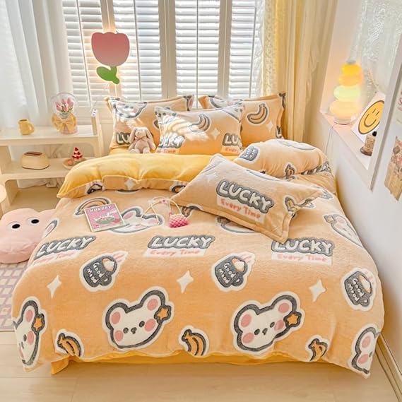 HLGBDE Plush Cute Bear Duvet Cover Set Full Yellow Faux Fur