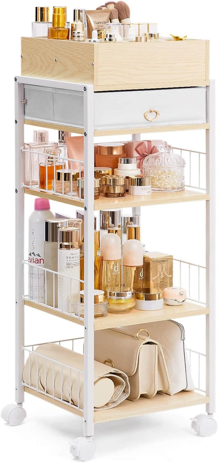 Makeup Storage Organizer for Bedroom: Make Up Holder with Drawer - Vanity Organization for Skincare Cosmetic Brush Beauty Accessories
