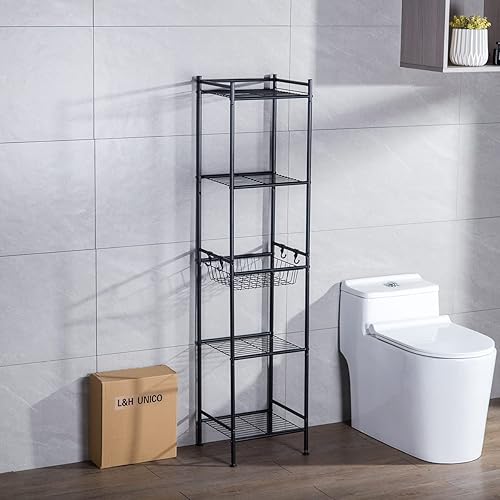 Miniatura 3 de L&H UNICO Estantería independiente de 5 niveles, estante de metal ajustable con cesta de almacenamiento para espacios pequeños, baño, sala de estar,