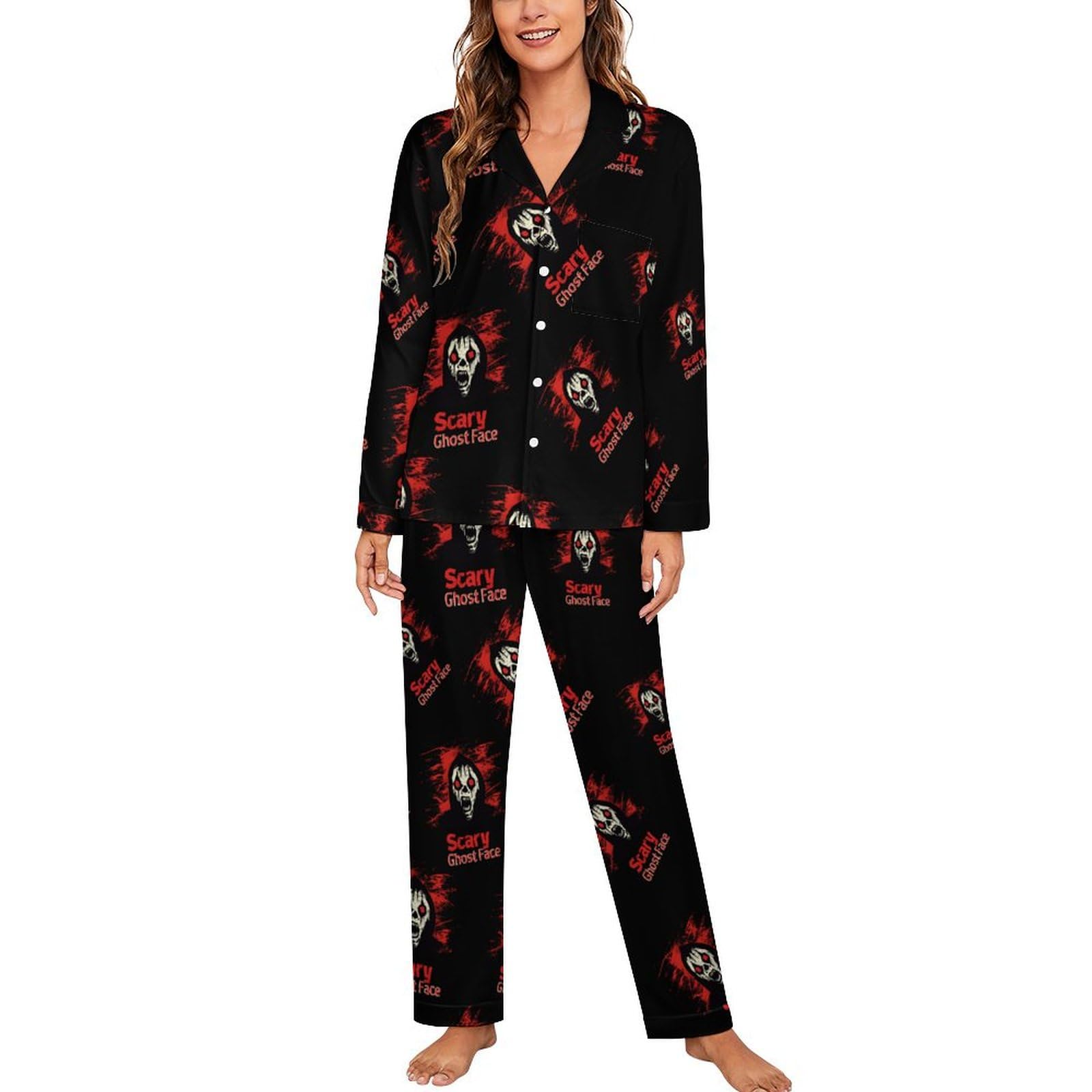 peiyeety Scary Ghost Face Printed Women's Long Sleeve Pajama Set Soft Lounge Pjs Sleepwear