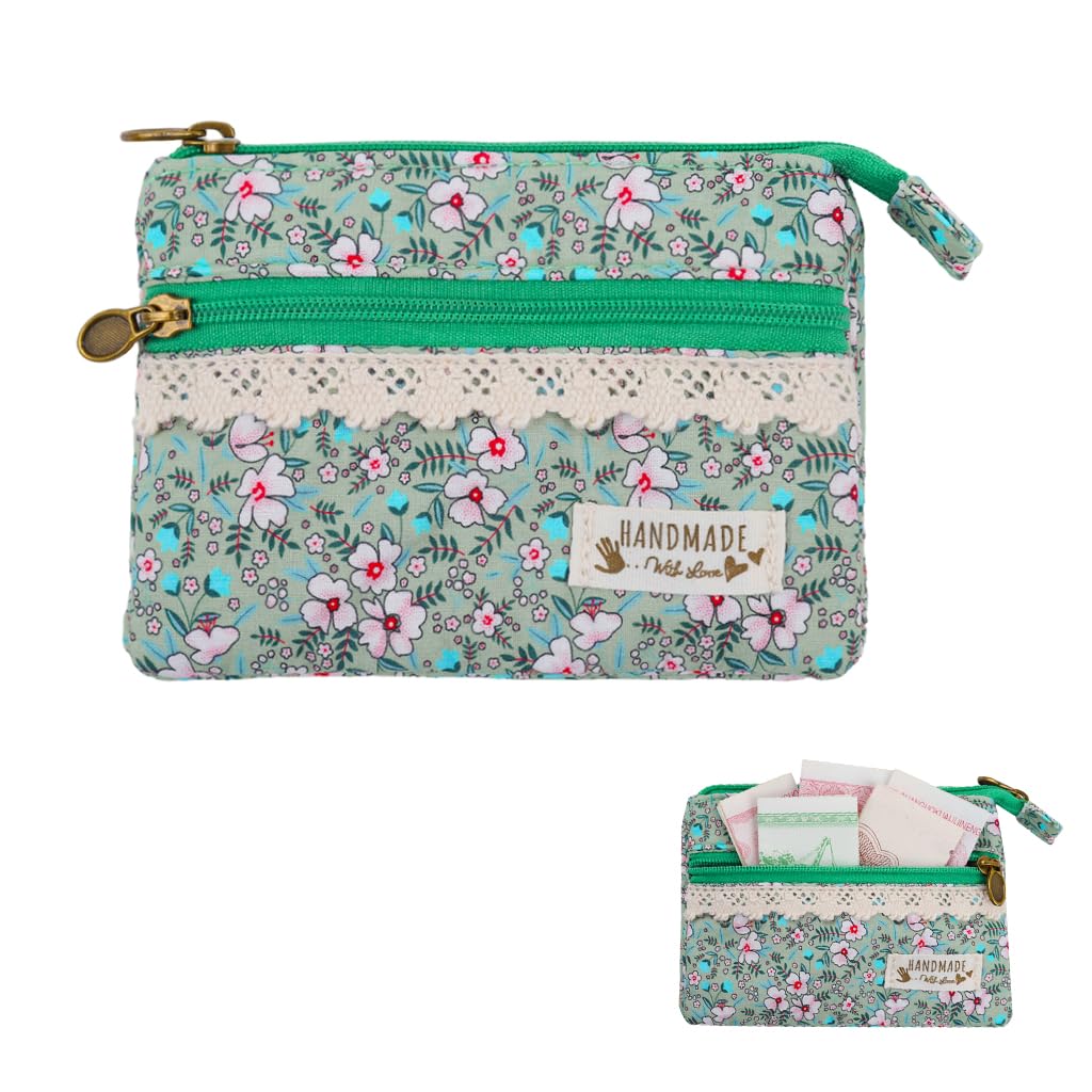 zibuyu Mini Floral Fabric Double-Layer Zipper Coin Purse, Vintage Cotton Small Wallet with Dual Compartments, Lace Trim & Antique Metal Hardware for Coins, Cards & Everyday Essentials-picture-22