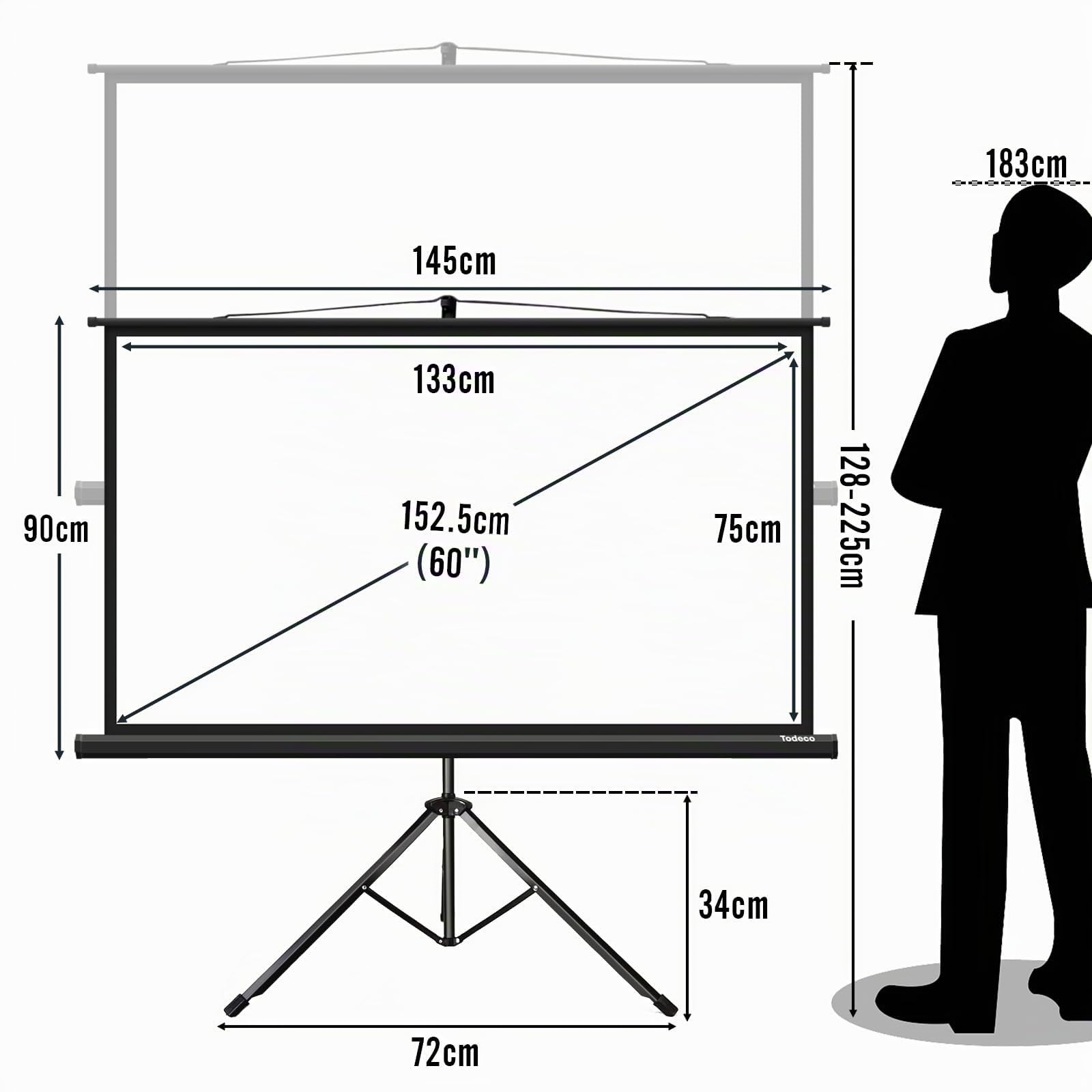 Todeco Pantalla Proyector con Trípode 60 Pulgada, 16:9 | Altura ajustable, portátil y manual plegable, HD 4K y 3D, ideal para casa, oficina y exterior