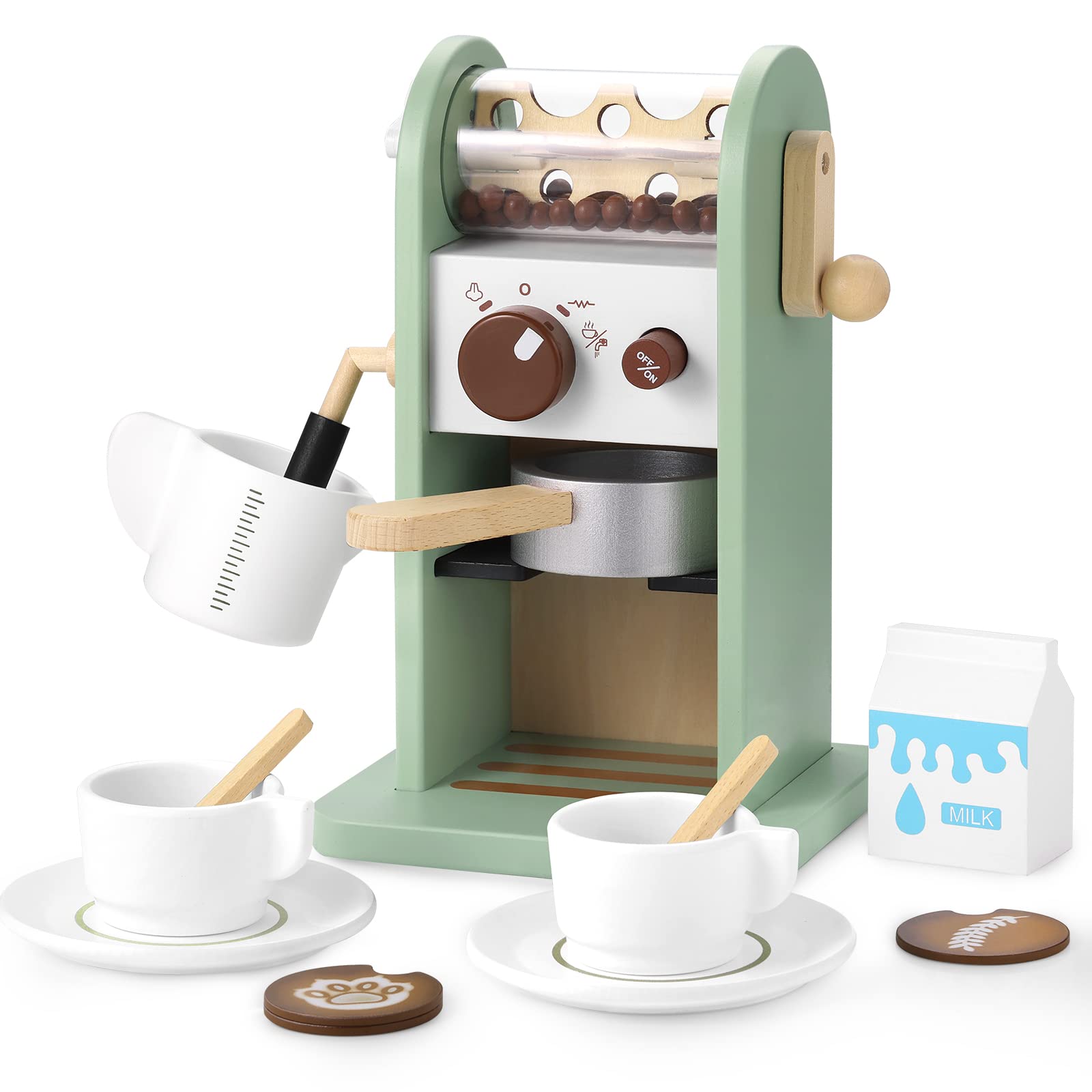 GAGAKU Holz-Kaffeemaschinen-Spielset mit Mühle, hölzernes Küchen-Kaffeemaschinen-Spielzeug-Set, Rollenspiel mit Zubehör, Geschenke für Kleinkinder, Mädchen und Jungen
