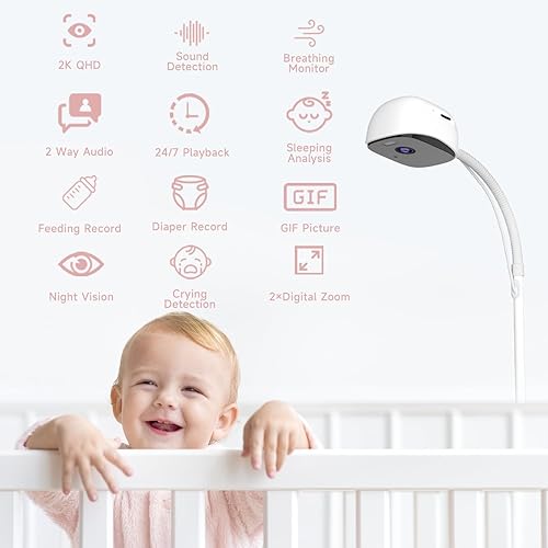 Miniatura 2 de Cámara de bebé WiFi 2K, monitor inteligente para bebé con soporte de suelo, cámara de cuna 2K sin dispositivos portátiles con monitor de respiración