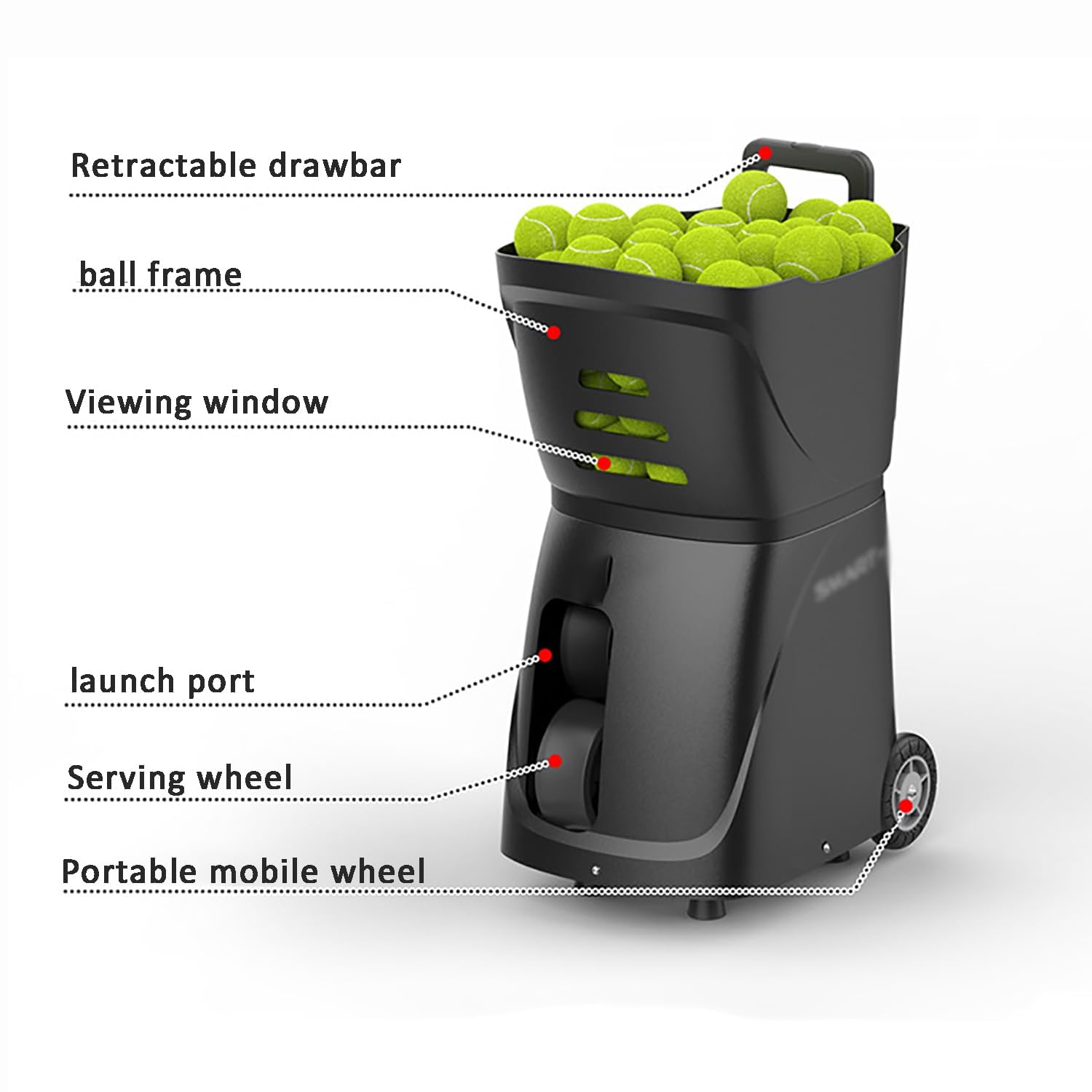 Máquina automática portátil de pelotas de tenis, control remoto, control por aplicación móvil, capacidad de 100 pelotas, frecuencia de servicio 1.8-8.8s, para todos los jugadores de tenis