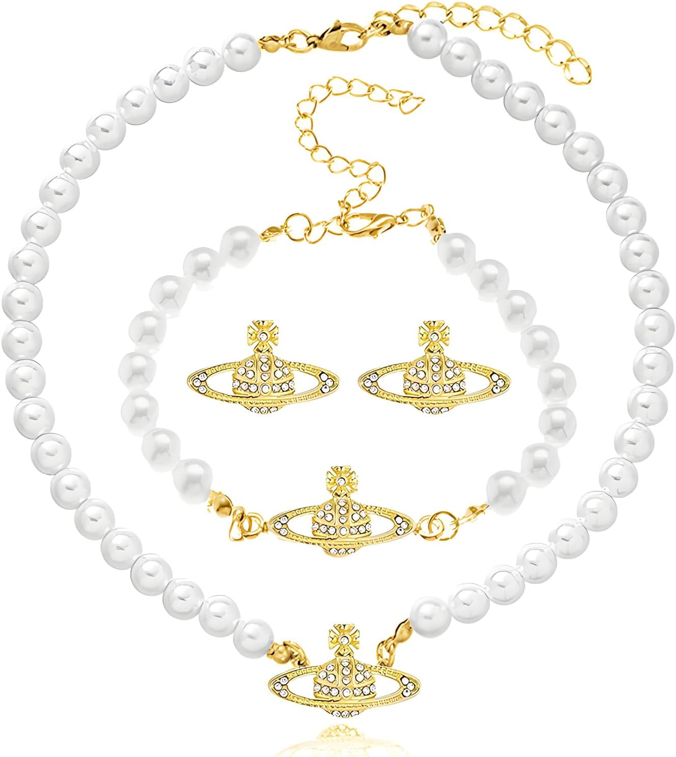 Dreuyet Saturn Pearl Necklace and Earrings Set Crystal Planet Earrings Dainty Artificial Pearl Choker Necklace Charm Gifts for Mum Wife Wedding Birthday Anniversary